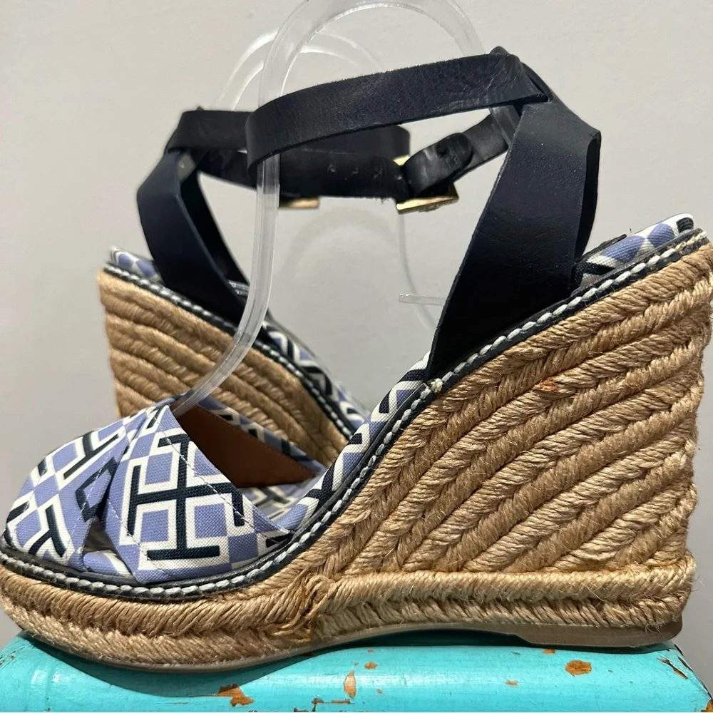 Tory Burch Navy Espadrille Wedge Ankle Strap All Over Logo Print Size 8 B
